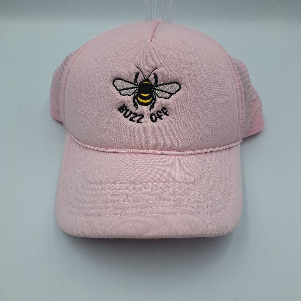 Buzz Off Pink  Adjustable Trucker Hat With Embroidered Bumble Bee